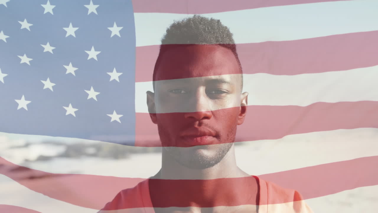 해변에 있는 아프리카계 미국인 남성 위에 있는 미국 국기의 애니메이션