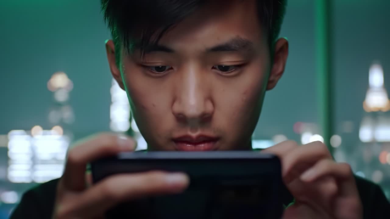 A young man intently engaged with his smartphone screen, showcasing a moment of concentration and technology interaction amidst a vibrant city backdrop