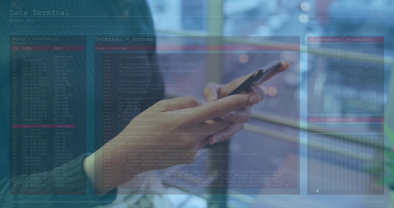 Animation of data processing over hands using smartphone in office