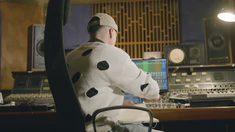 young caucasian man working at music recording studio