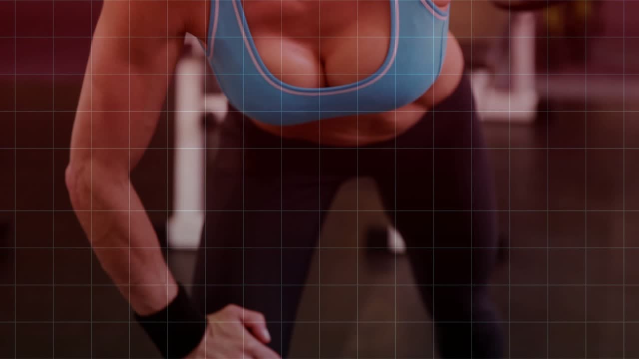 Woman gripping dumbbell, pulling one-arm row on bench, teal audio grid overlay tracking for fitness