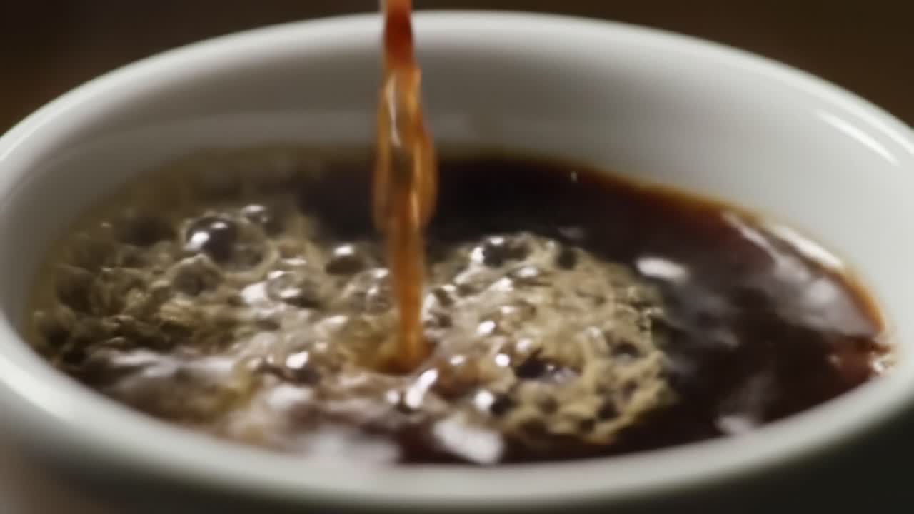 A Close-Up Journey into the Art of Coffee Brewing: Witnessing the Transformation as Rich Brown Liquid Flows into a White Cup, Capturing the Essence of Flavor and Aroma