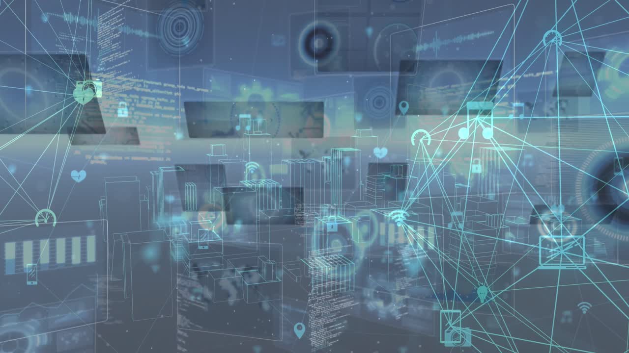 파란색 배경 위의 움직이는 화면에서 데이터 처리의 애니메이션