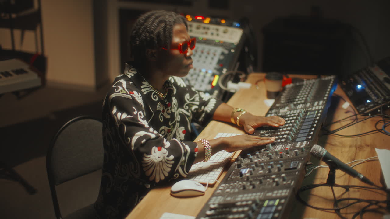 Black Music Producer Mixing and Enjoying Sound in Recording Studio