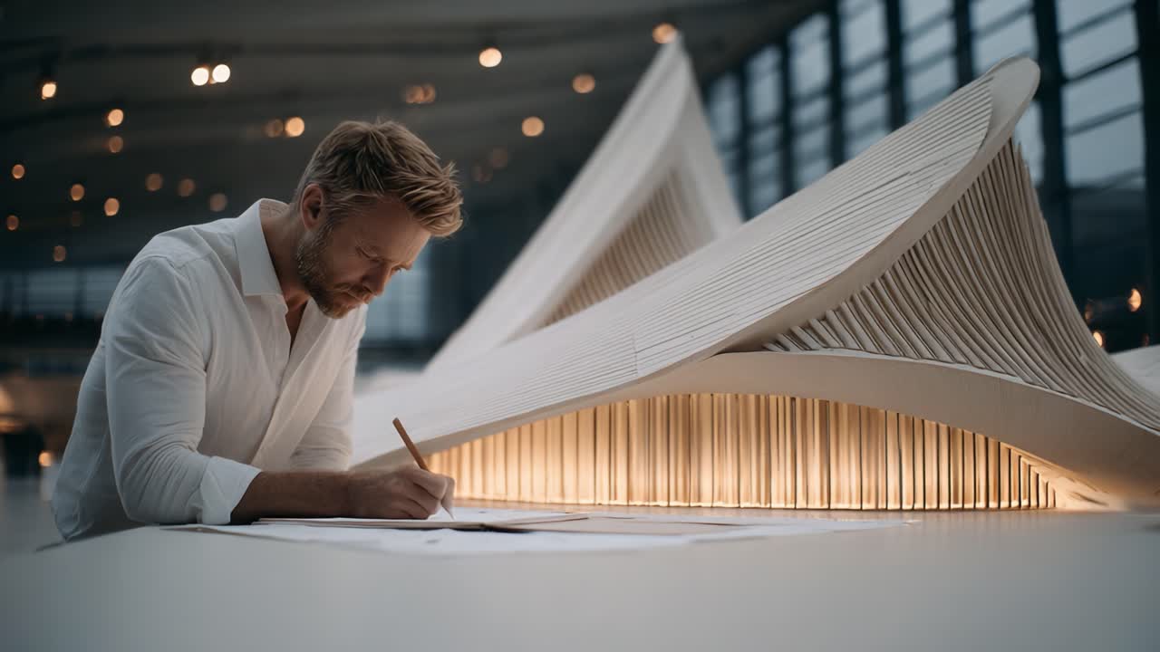 A Designer Engaged in Creative Sketching Amidst Modern Architecture, Highlighting the Intersection of Art, Design, and Innovative Concepts in a Bright Workspace