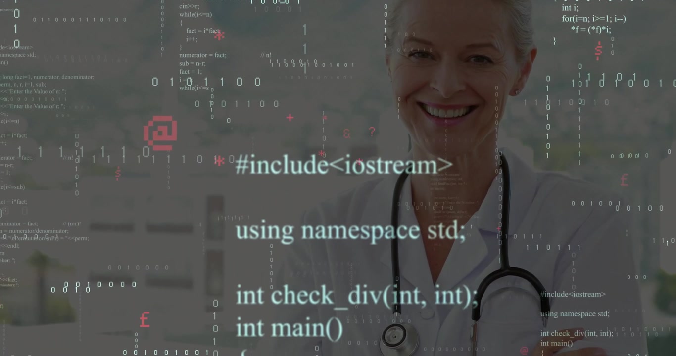 Medico sorridente durante la rivelazione del volto, mentre il codice scorre su stetoscopio e camice, mostrando la tecnologia medica.
