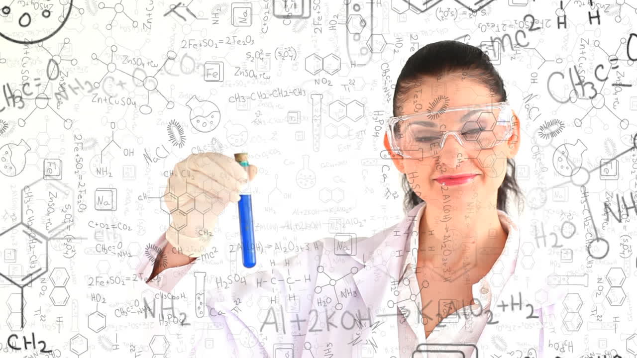 탐사선을 들고 있는 여성 과학자 위에 떠다니는 수학 방정식과 아이콘의 애니메이션