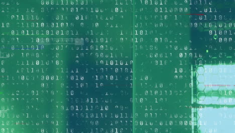 animating binary code and hexagonal grid over green background