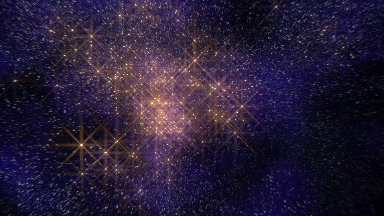 Flygande och glänsande guldiga och blåa stjärnor med glitter i mörk galax