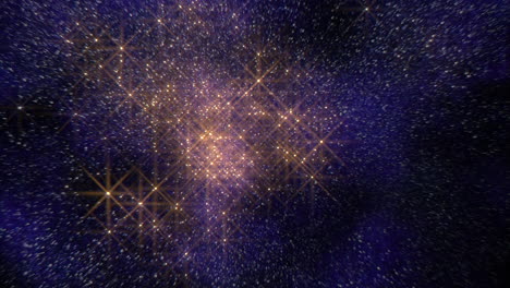 Flying-and-shiny-gold-and-blue-stars-with-glitters-in-dark-galaxy