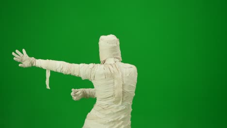 a mummy wrapped in bandages dancing oriental dance moving gracefully green screen isolated chroma - a mummy wrapped in bandages dancing oriental dance, moving gracefully. green screen isolated chroma key video. mock up, workspace, advertisement. full length. back view. halloween holidays