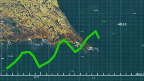 overlaying numerical data, animation of green line graph on aerial landscape grid