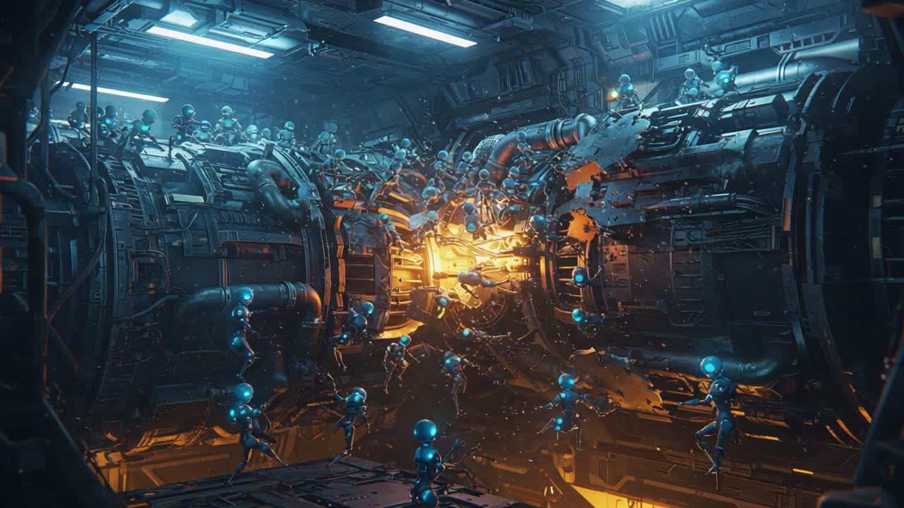 A Dramatic Scene of Robots Navigating Energetic Machinery in a Futuristic Setting, Illustrating the Harmony of Technology and Innovation in a Sci-Fi Realm