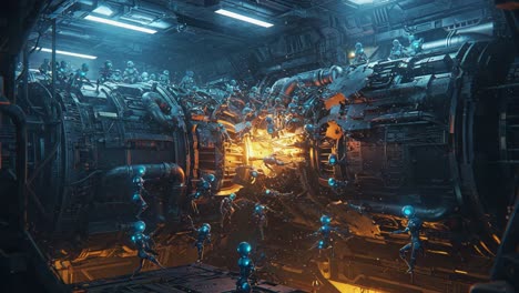 a dramatic scene of robots navigating energetic machinery in a futuristic setting, illustrating the harmony of technology and innovation in a sci-fi realm