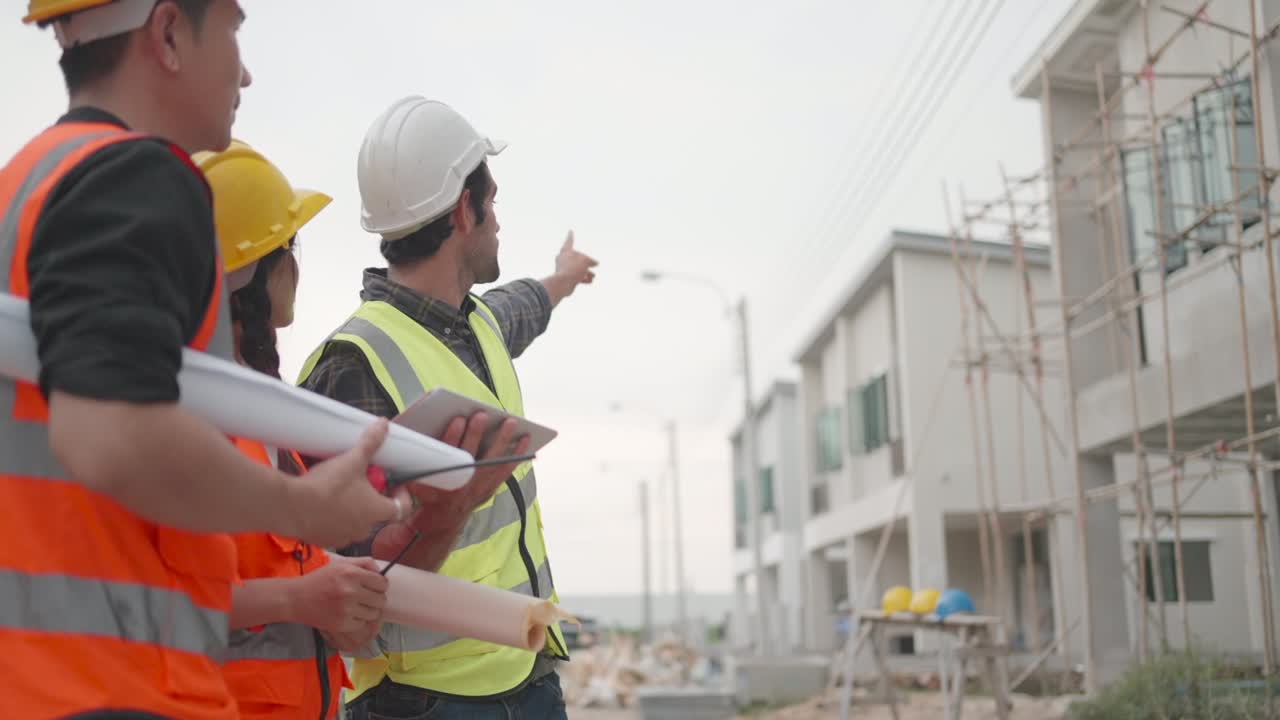ingeniero civil profesional y equipo de contratistas expertos, hablando sobre estilos de casas y construcción, inspeccionar el progreso del proyecto de vivienda en sitios de la ciudad. capataz o trabajador que trabaja en el negocio inmobiliario