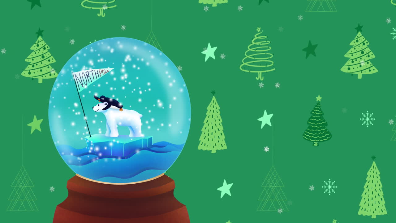 globo de nieve con oso polar y signo del polo norte sobre árboles de navidad y estrellas en fondo verde