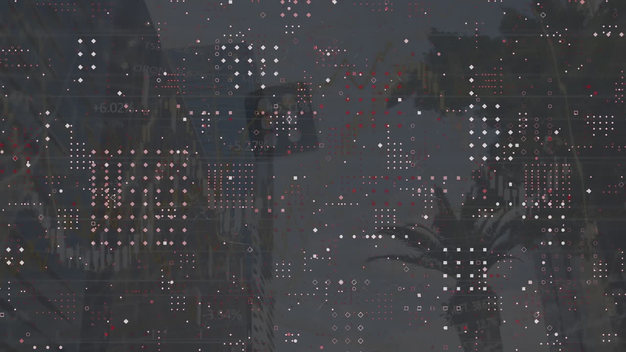 animación del patrón de puntos sobre el procesamiento de datos financieros contra dados rebotantes y edificios altos