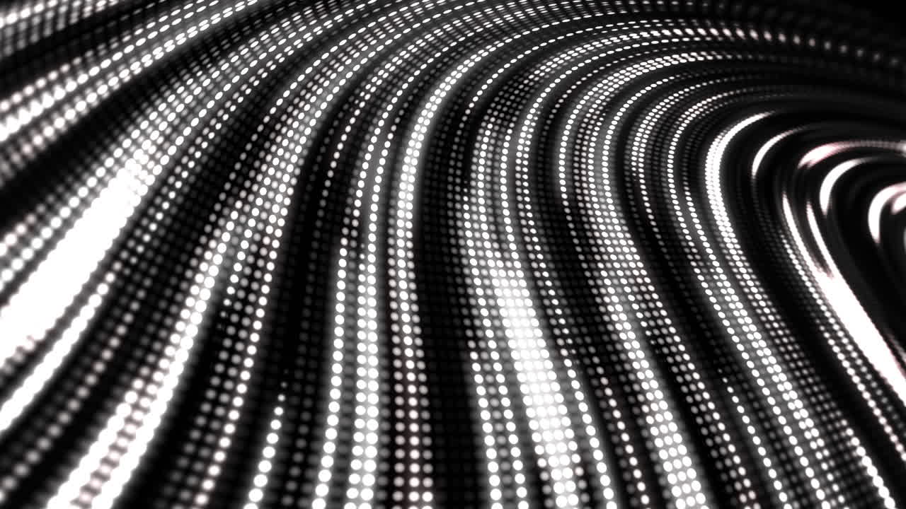 Pattern of glowing bent neon lines. Fast movement and flickering of white and black LED stripe. Music looping seamless club animation.
