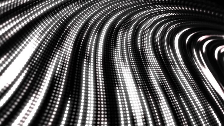 Pattern of glowing bent neon lines. Fast movement and flickering of white and black LED stripe. Music looping seamless club animation.