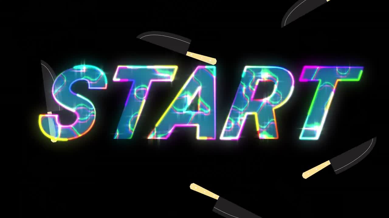 animación de texto de inicio multicolor y cuchillos que caen contra un fondo negro.