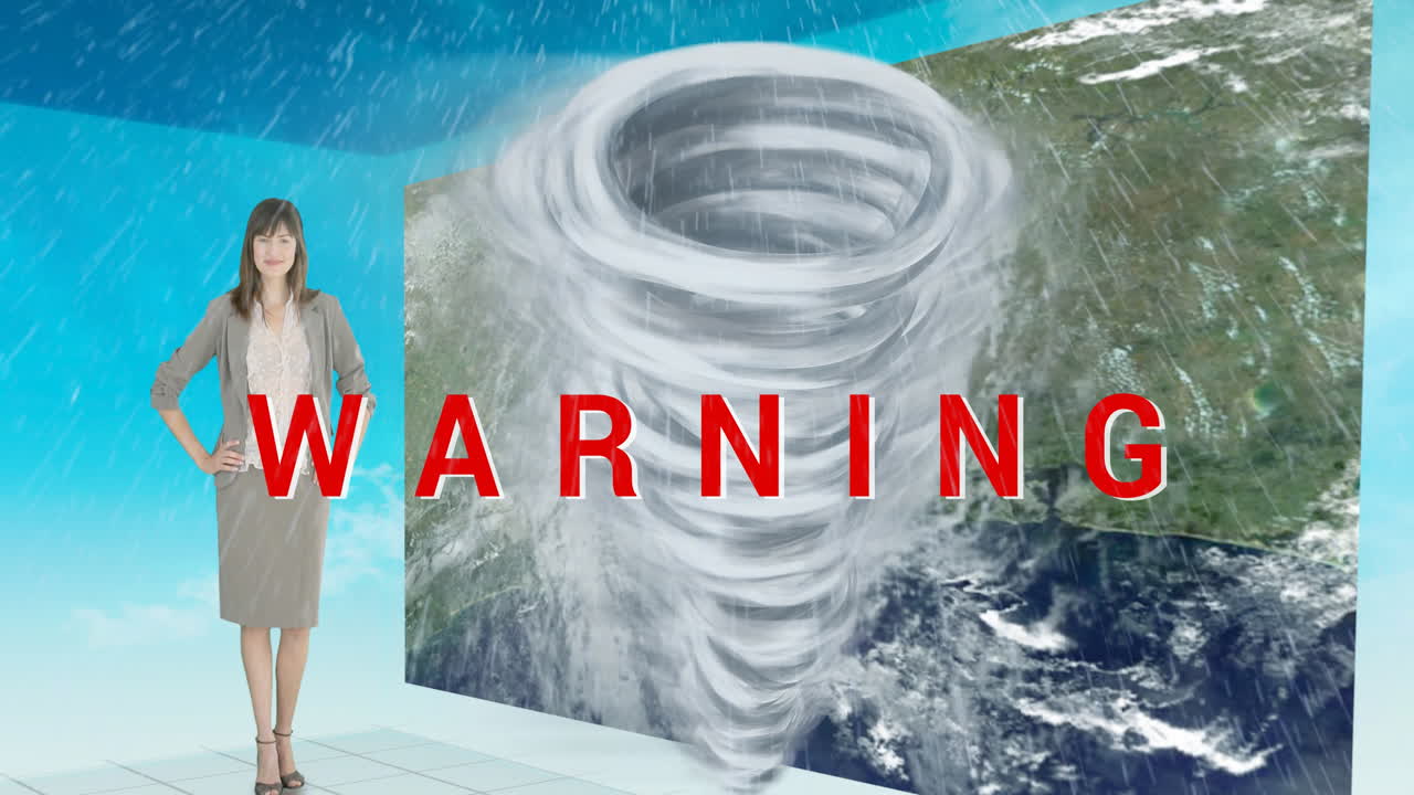 날씨 여성 위에서 비와 번개에 대한 경고 텍스트