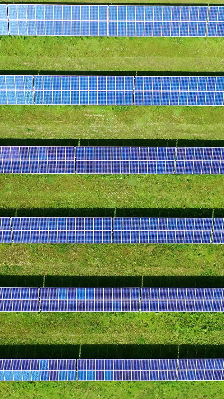 Solar power station in summer. Flight over rows of long solar batteries on green field. Production of clean energy. Top view. Vertical video