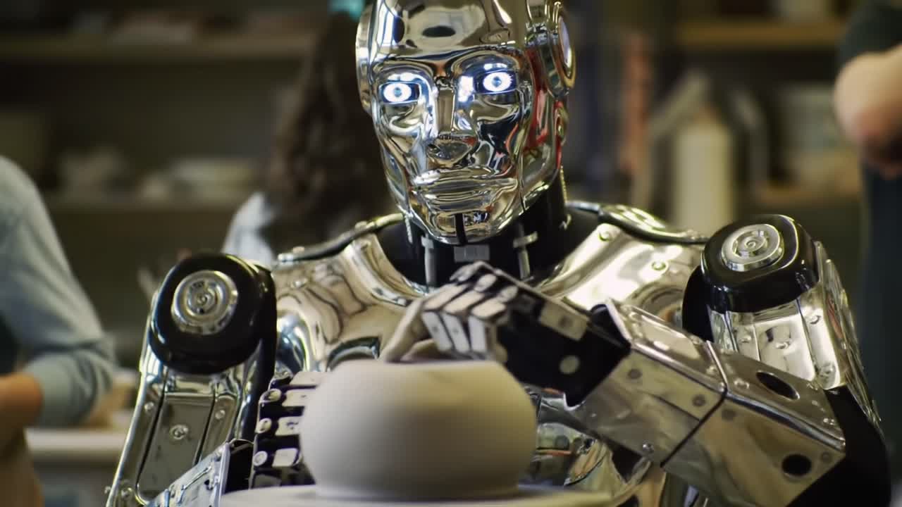 A Futuristic Robot Artist Skillfully Shapes Clay on a Pottery Wheel in a Creative Studio Environment, Blending Technology with Artistry and Innovation