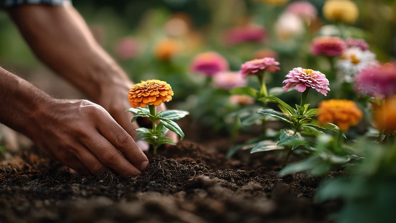 A Gardener's Touch: Nurturing Colorful Blooms in the Soil, Showcasing the Art of Planting as Hands Gently Tend to Bright Zinnia Flowers in a Vibrant Garden Setting