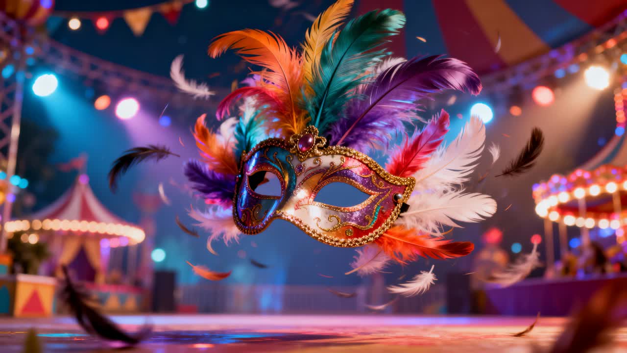 Maschera d'oro decorata e fluttuante che ruota con piume colorate sopra il pavimento di un carnevale, mossa da una corrente d'aria.