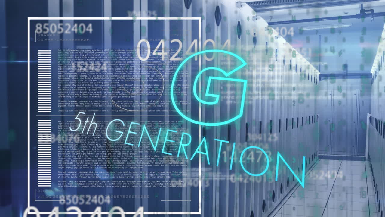 animación de banner de texto 5g, cambio de números y procesamiento de datos contra la sala de servidores de computadora