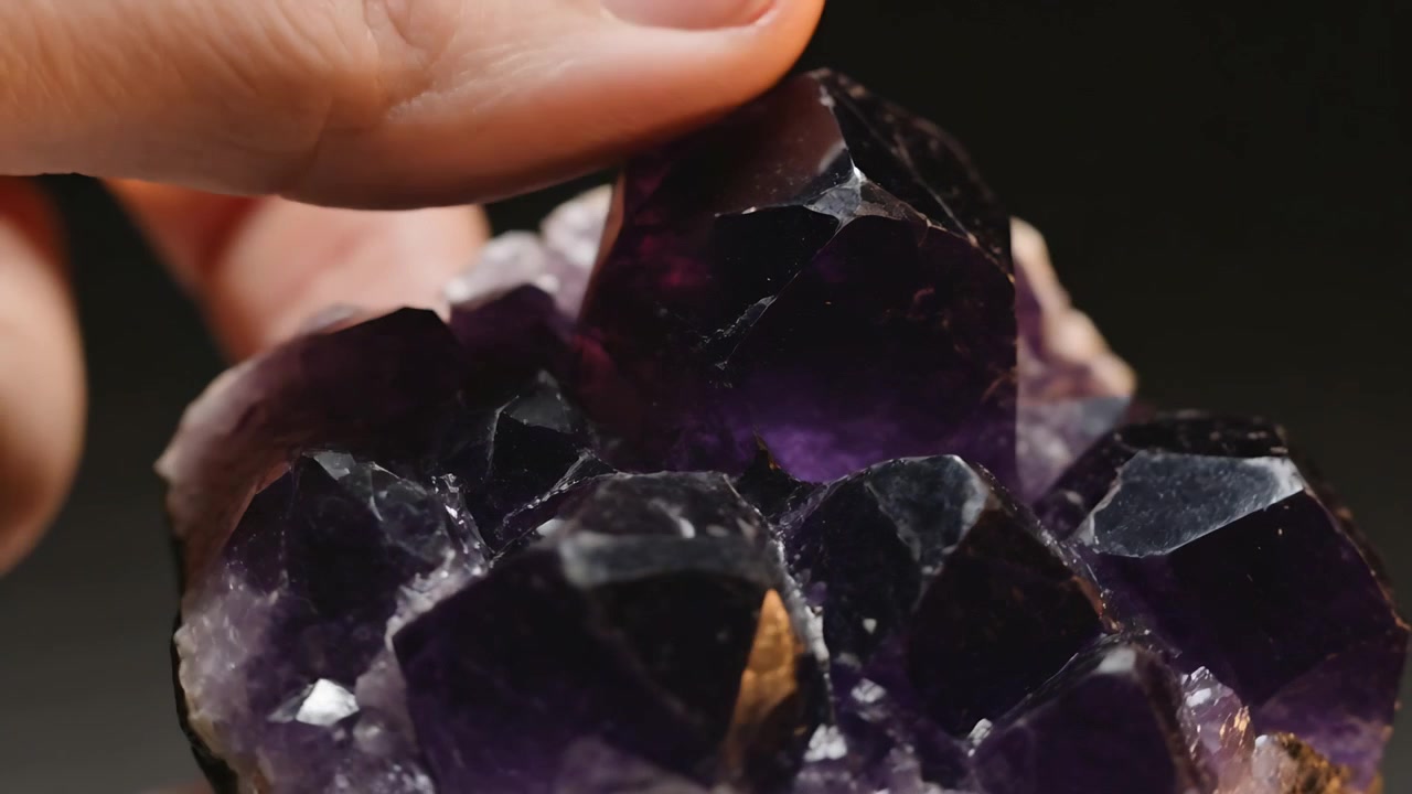 Mano destra che sistema un grappolo di ametista su un tavolo, premendo ed evidenziando la zonatura viola.