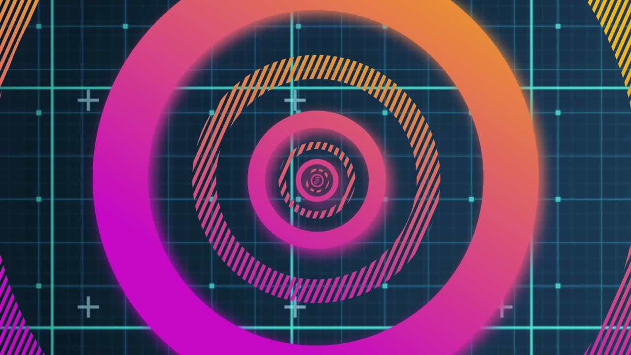 animación de formas circulares de gradiente en un patrón sin costuras sobre una red de cuadrícula contra un fondo azul