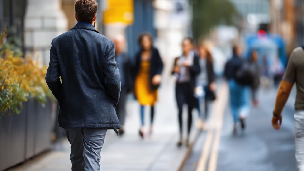 A man in a stylish coat walks through a busy urban street filled with pedestrians, capturing the essence of city life and the hustle of daily routines