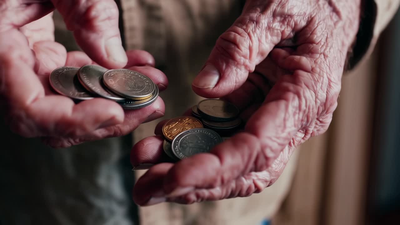 Wrinkled hands of a senior citizen counting coins illustrate the financial struggles and hardships faced by the elderly managing limited resources