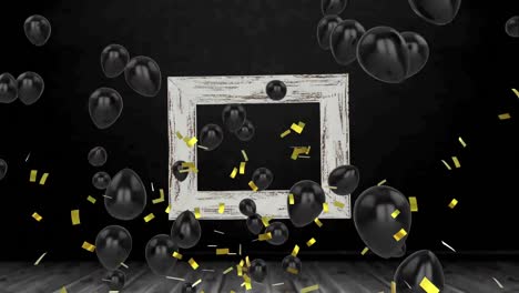 confeti dorado cayendo y múltiples globos negros flotando contra un marco sobre un fondo negro