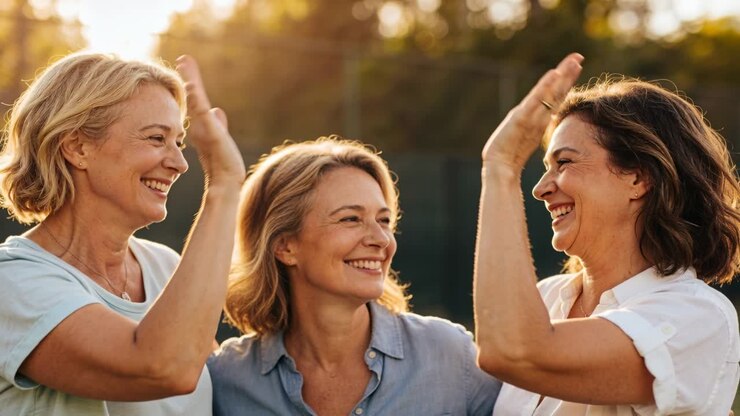 Donne ai lati che festeggiano, dandosi il cinque con le mani in alto sopra il centro, indossando magliette casual in un parco, vicino a una recinzione