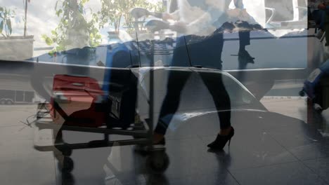 composite video of plane against mid section of people walking at airport