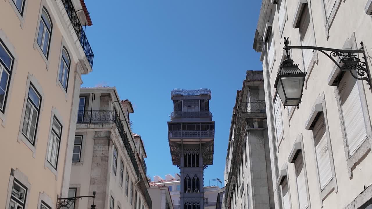 Low angle view of Santa Justa Lift in Lisbon, Portugal, connecting two streets