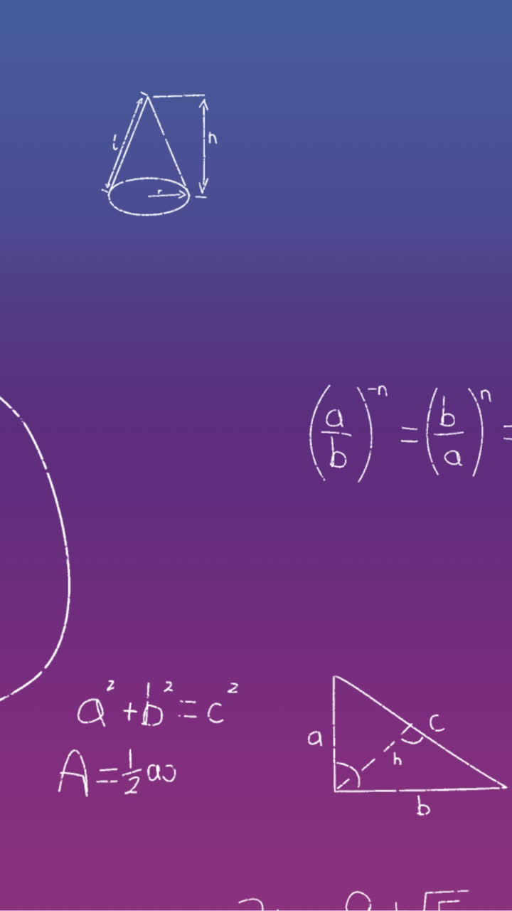 animación de fórmulas matemáticas escritas a mano sobre un fondo azul a púrpura