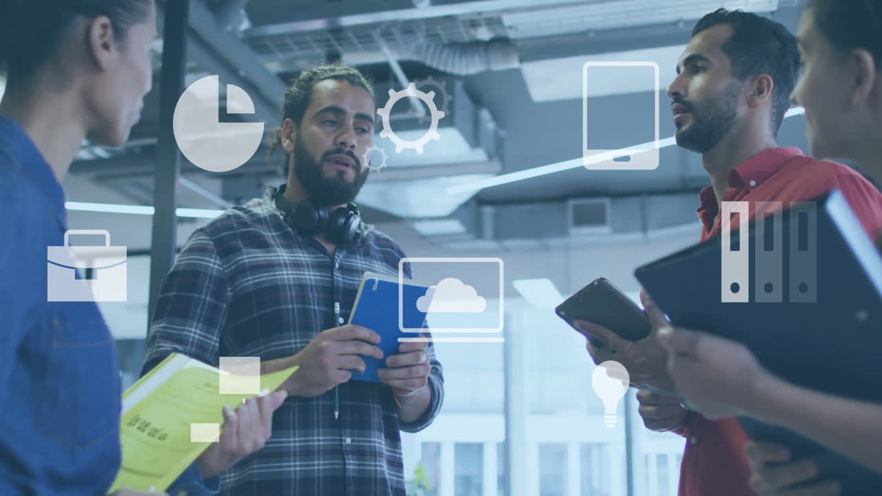 Animation of digital business icons and data processing over diverse business people in office