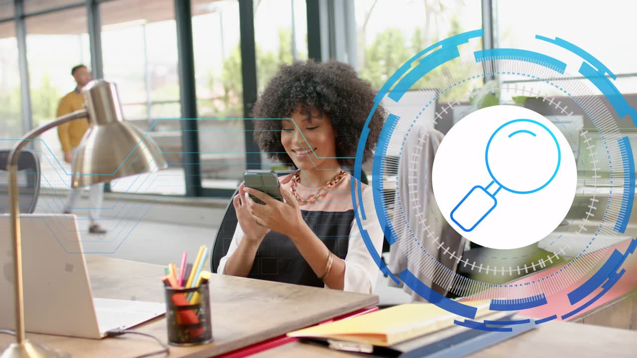 Woman tapping smartphone at desk, searching business data while HUD appearing from right overlaying