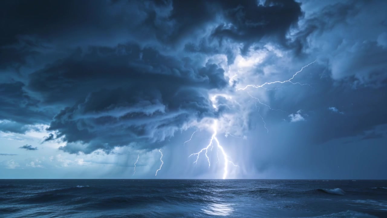 Kumulonimbus vysílá sestupný blesk a spouští úder blesku do oceánu, osvětlující dešťové sloupce.