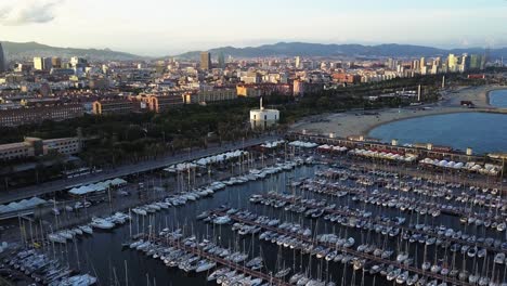 Aerial-skyline-of-the-port-of-Barcelona,-Spain