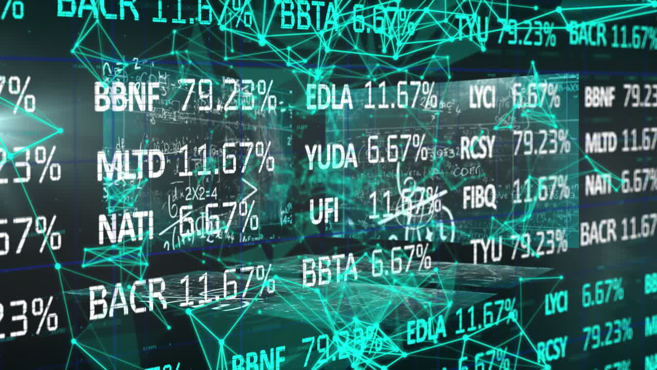 Animation of stock market data processing and plexus network against screens with data processing