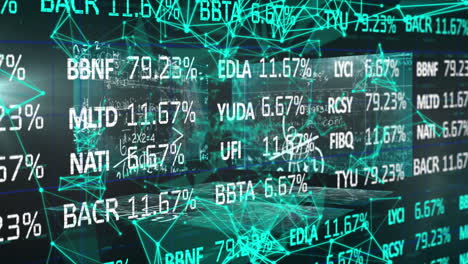 animación del procesamiento de datos del mercado de valores y la red plexus contra pantallas con procesamiento de datos.