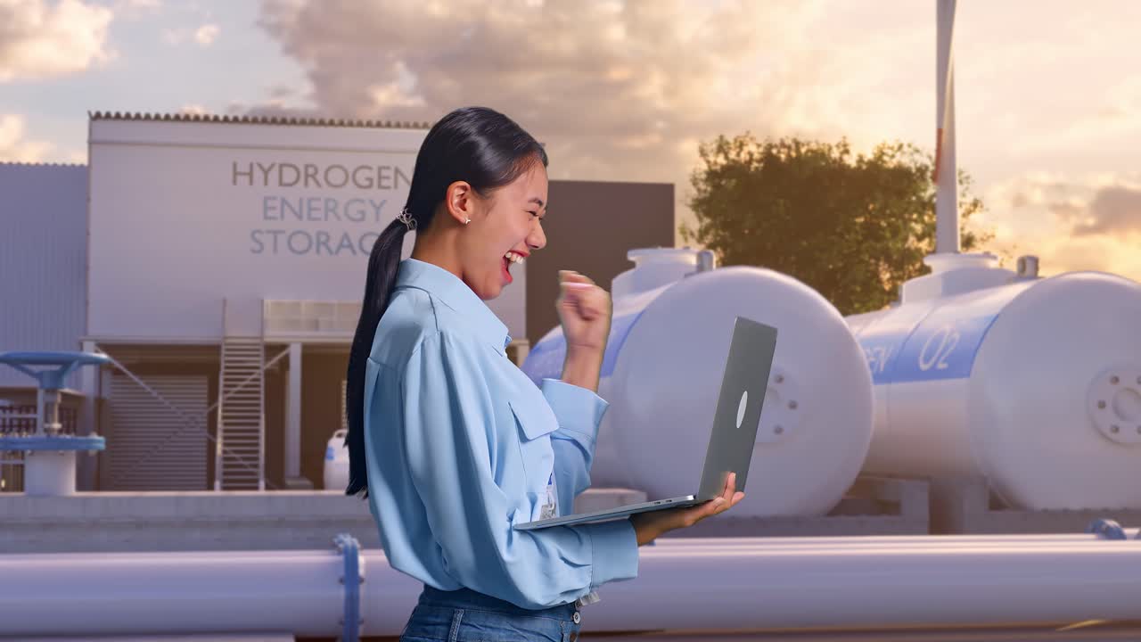 아시아 여성 노동자가 녹색 수소 공장에서 노트북을 들고 서서 하이테크 산업 시설에서 노트북에 타이핑 한 후 소리 지르는 목표로 주먹을 들어 올립니다.