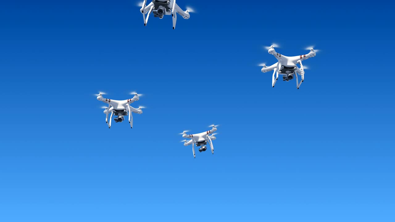 푸른 하늘을 날아다니며 카메라로 촬영하는 많은 드 터, 녹색 스크린과 알파 마스크를 가진 루프 3d 애니메이션, 현대 전자 개념.