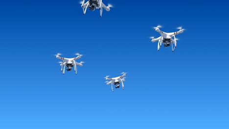 muchos quadcopters volando en el cielo azul y filmando con cámaras. animación en bucle 3d con pantalla verde y máscara alfa. concepto de electrónica moderna.