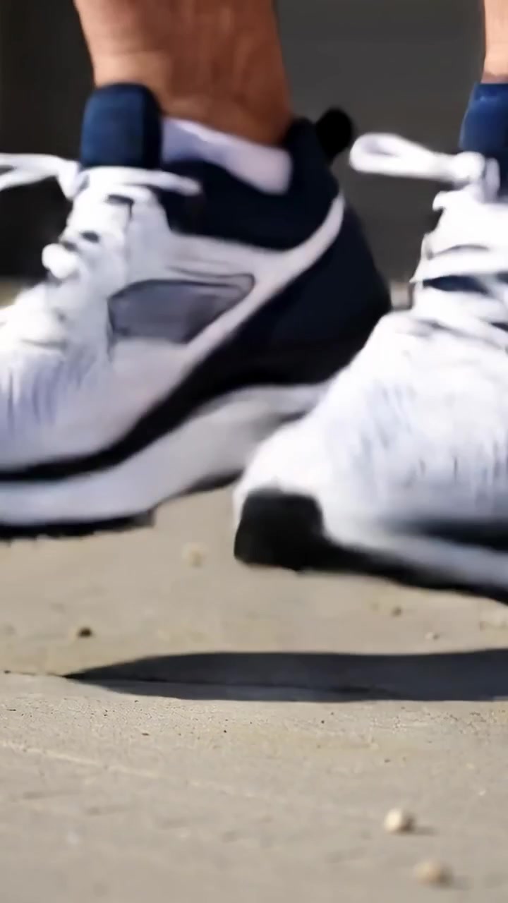 Video verticale: Piede destro che si solleva, gambe di un corridore che falcano su un sentiero per il fitness, con scarpe da ginnastica bianche