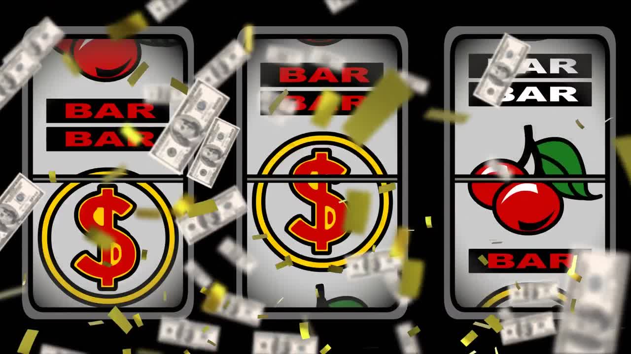 과일 기계 위로 떨어지는 콘페티와 미국 달러 지폐의 애니메이션